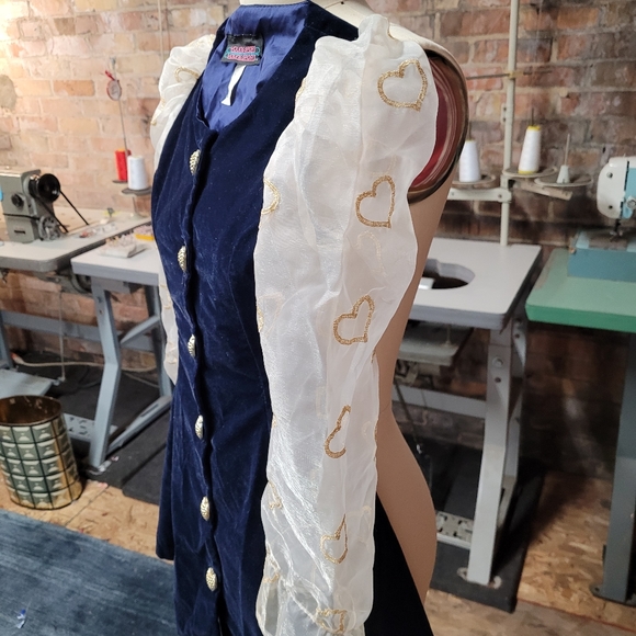 Vintage 80's Girls blue velvet dress sheer heart sleeves size 7 - Picture 5 of 10